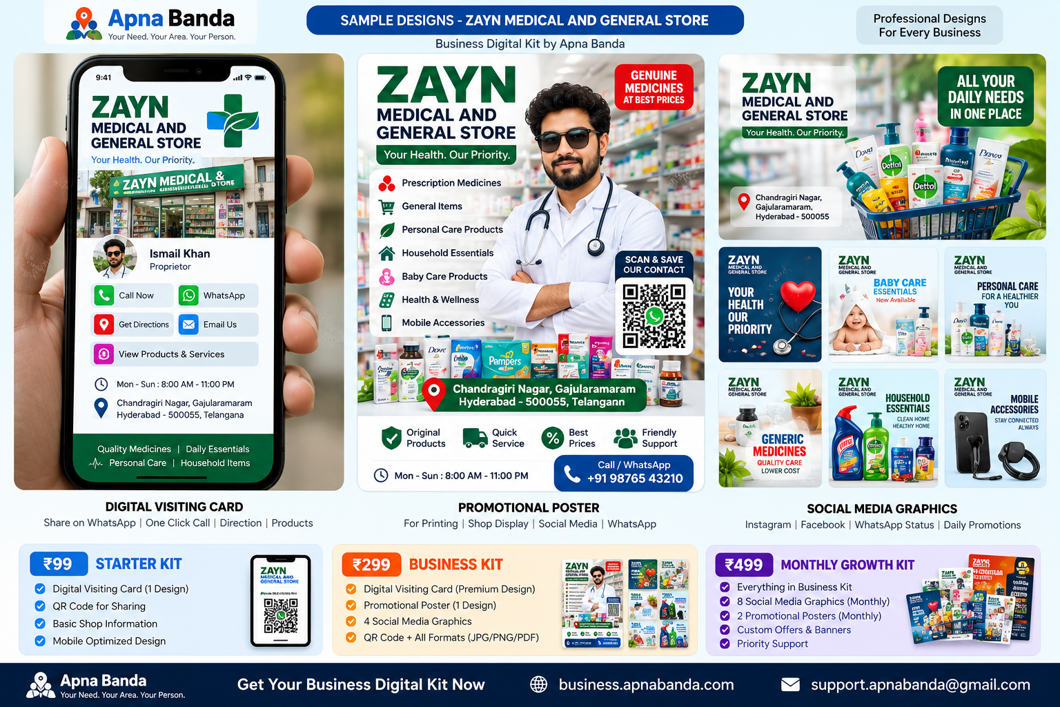 Complete Zayn Medical digital kit showcase with digital visiting card, promotional poster, social graphics and package examples